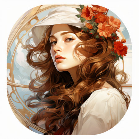 a girl with a hairdress is seen in this photo, wearing a red flower cap and a white hat. the image is reminiscent of fantasy art, with its light amber tones and realistic marine paintings. the flowing lines of art nouveau are evident in the composition. captured with a 20-megapixel camera, the tondo format showcases detailed skies. ai generatedの素材