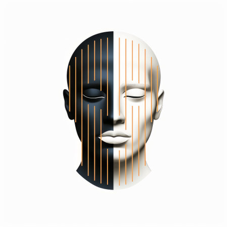 a human head with a white and orange striped outline, showcasing a minimalist black and white style. the composition features realistic portrayal of light and shadow, reminiscent of ritualistic masks. the symmetrical balance and 3d effect add depth to the image, while the realistic color palette enhances its visual appeal. ai generatedの素材