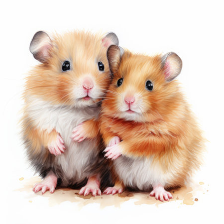two adorable and joyful hamsters, captured in a realistic portrait style by a talented artist. the low-resolution image showcases vibrant colors, with a mix of light white and light brown tones. the artwork exudes a spray-painted realism, resembling an illustration. ai generatedの素材