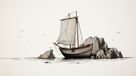 a sailing ship, depicted in a detailed character illustration style, is seen standing on a rock. the dark, white, and brown colors create a minimalistic drawing with high resolution. the artwork showcases a juxtaposition of hard and soft lines, reminiscent of concept art and persian miniature paintings. ai generatedの素材