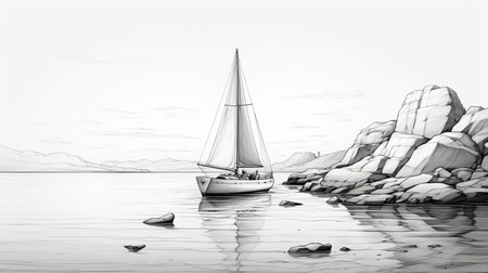 a black and white photo captures a sailboat peacefully floating in the water. the image is reminiscent of detailed character illustrations and realistic landscapes with soft, tonal colors. it evokes the beauty of norwegian nature with its flattened perspective and captures the essence of a sea and coast painter. this photo is perfect for editorial illustrations and showcases a romantic landscape vista. ai generatedの素材