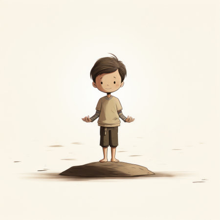 a little boy stands on a piece of land, showcasing detailed character design. the serene and calm atmosphere is enhanced by the light brown and dark beige tones. this character study captures the essence of indian scenes, with a strong emphasis on nature. the artwork is a perfect blend of realistic yet stylized elements. ai generatedの素材