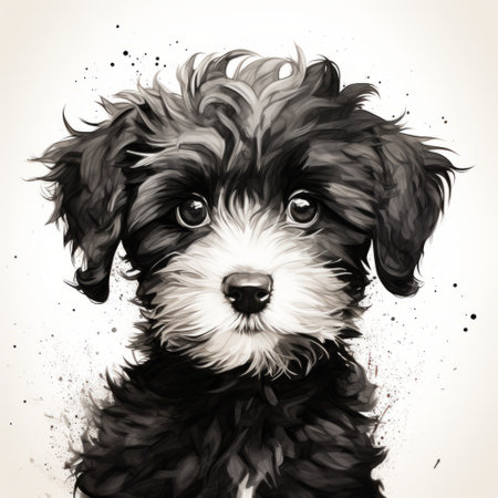 a black and white puppy with a charming character illustration, featuring watery paint on its cheek. the highly detailed style of this illustration showcases realistic chiaroscuro and colorful ink wash paintings. the puppy's poodlepunk vibe is enhanced by the light black and gray tones, creating a majestic composition. ai generatedの素材