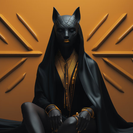 a woman wearing dark and gold makeup and a striking gold headpiece is depicted in this image. the artwork is inspired by hyper-realistic animal illustrations and has a retro futuristic vibe with a color palette of dark black and yellow. created using zbrush, the woman embodies a mischievous feline motif, captured in pensive poses. this captivating artwork is by the talented artist alena aenami. aiの素材