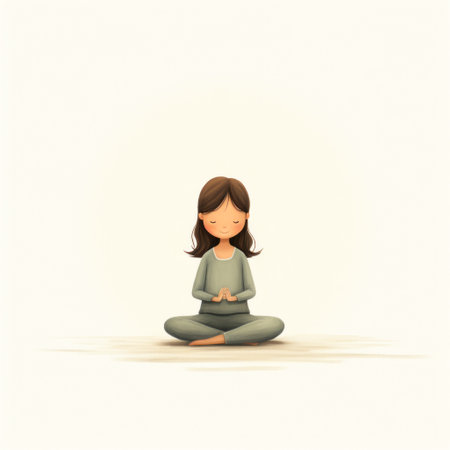 a cute little girl meditating with a hanging string and a flower, surrounded by simple geometry and highly detailed illustrations. the image captures a serene face and a strong sense of light, with water drops adding a touch of tranquility. the minimalistic and clean style is complemented by the presence of a religious building. ai generatedの素材