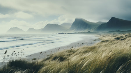 grass near the shore, showcasing layered and atmospheric landscapes in a stunning uhd image. this matte painting captures the beauty of norwegian nature, with mountainous vistas and the serene australian landscapes. a captivating national geographic photo that immerses viewers in the breathtaking scenery. ai generatedの素材