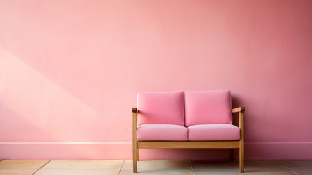pink painted wall with a wooden sitting chair, captured in a soft-focus style. the monochromatic color scheme adds a touch of elegance to the scene. this synthetism-inspired photograph showcases a solarizing master's artistic vision. ai generatedの素材