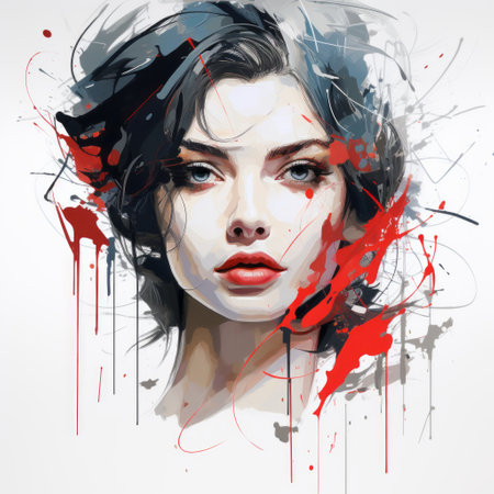 artistic portrait of a woman adorned with red paint splatters, reminiscent of charming character illustrations. the realistic figures are beautifully depicted in a palette of dark gray and light crimson, showcasing anime-inspired characters. the elegant and emotive faces are enhanced by the drip painting technique, while street art elements add an edgy touch to the composition. ai generatedの素材