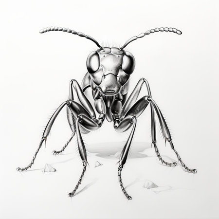 a liquid metal-style drawing of an insect sitting on a table. this realistic perspective artwork showcases character caricatures, high-contrast shading, and scientific illustration techniques. the precisionist approach captures the intricate details of the insect and the realistic renderings of the human form. ai generatedの素材