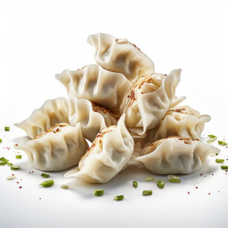 a pile of dumplings topped with cilantro and other garnishes is showcased on a white background. this photo captures the essence of realistic landscapes with soft edges and theatrical gestures. the oriental-inspired presentation adds a touch of crumpled, unpolished authenticity. the light gray tones and modularity of the composition further enhance the visual appeal. ai generatedの素材