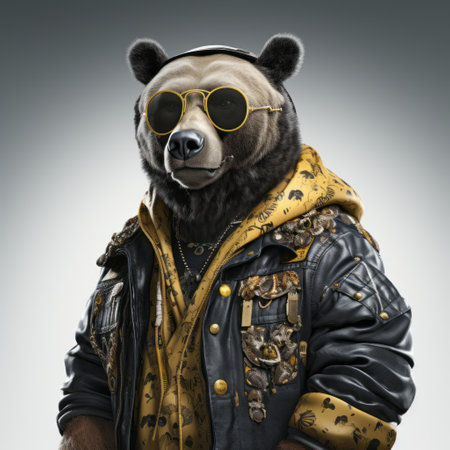 a cyberpunk-inspired bear, donning a stylish jacket and sunglasses, stands out with its metallic finishes. this photographically detailed portrait showcases inventive character designs, embodying the essence of duckcore and group zero. captured with 20 megapixels, this image immerses viewers in a futuristic and dystopian world. ai generatedの素材
