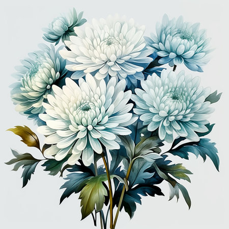 chrysanthemum flower illustration on a light white background, featuring a natural backdrop. the illustration is done in a style that combines dark white and aquamarine colors, reminiscent of dansaekhwa and cloisonnism. this classic still-life painting showcases shades of gray and blue, resembling a mural painting. ai generatedの素材
