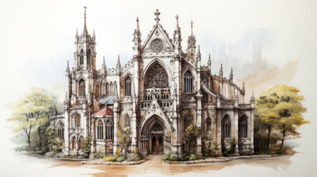 a colored drawing of a wooden gothic style church with hyper-realistic details. the artwork showcases fairy academia elements, including marble accents and detailed character illustrations. the image has a resolution of 3840x2160 and features a unique blend of ps1 graphics and intricate ink illustrations. ai generatedの素材