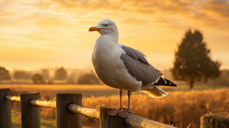 a white and grey bird perches on a fence, showcasing the golden hues reminiscent of dutch marine scenes. this photo captures the essence of environmental activism, with the sunrays illuminating the bird against a backdrop of richly colored skies. the forced perspective and focus stacking techniques enhance the visual impact of the image. ai generatedの素材