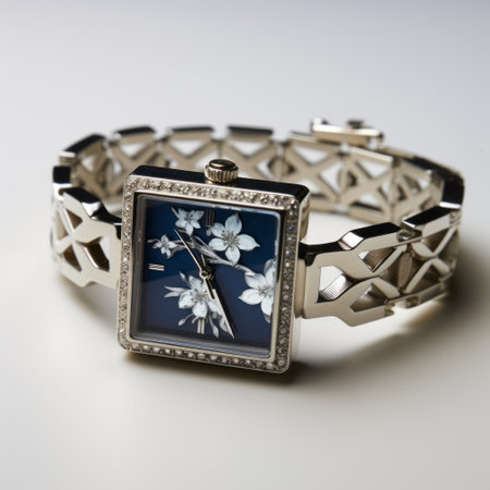 a silver and diamond watch adorned with green flowers, featuring a dark blue and white color scheme. this meticulously crafted photorealistic still life showcases intricate cut-outs and cherry blossoms. the asymmetrical framing adds a touch of uniqueness to this stunning piece. created by talented women designers, this watch captures the essence of elegance and beauty. ai generatedの素材