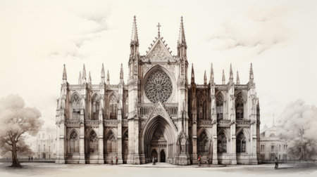 the victoria cathedral in london is a hyperrealistic illustration showcasing the delicate watercolor landscapes of the yale university school of art. with its intricately detailed and frontal perspective, this artwork captivates viewers with its dark white and orange color palette, creating a stunning and detailed composition. ai generatedの素材