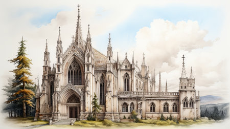 a realistic and detailed painting of a gothic church with a tower in the background. the painting showcases neo-classical symmetry and impressive panoramas. the artist has paid great attention to detail, particularly in the background elements, foliage, and character design. the use of stainswashes adds depth and texture to the overall composition. ai generatedの素材