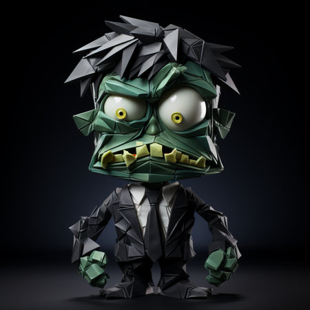 a dark and eerie photograph captures a deceased individual adorned in a business suit, reminiscent of psychotic cubism. the image showcases a blend of dark gray and green tones, with adorable toy sculptures featuring jagged edges. the overall aesthetic exudes a zombiecore vibe, emphasized by the subject's strong facial expression and the photo's low resolution. ai generatedの素材