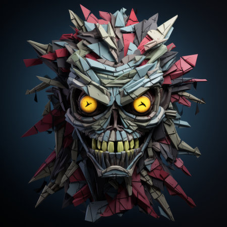a 3d printed skull head with yellow eyes, featuring sharp and edgy compositions. the design showcases geometric chaos and incorporates dark crimson and aquamarine colors. the skull has a caricature-like illustration style and mimics the appearance of ruined materials. the overall aesthetic is reminiscent of xbox 360 graphics, creating a visually striking and unique piece. ai generatedの素材