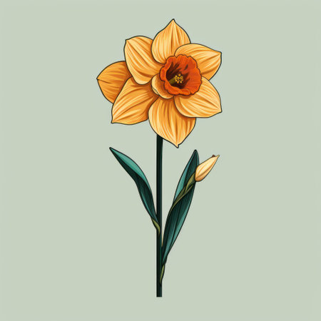 a small, orange narcissus flower is depicted in this illustration. the style of flat shading is used, with light gold and cyan colors. the detailed botanical illustrations showcase a moody color scheme. the illustration exudes a graceful balance and incorporates witty and clever cartoons. ai generatedの素材