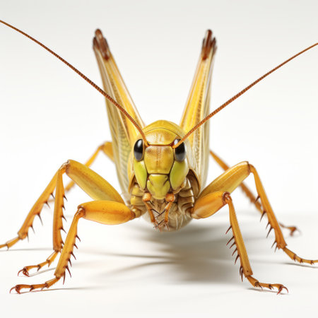 a large insect, in vibrant yellow and green colors, is captured in a precisionist style photograph. the insect is perched on a white surface, illuminated by softbox lighting. the composition is symmetrical, with a touch of bunnycore aesthetic. the image showcases a harmonious blend of light orange and gold tones, created using ue5 technology. ai generatedの素材