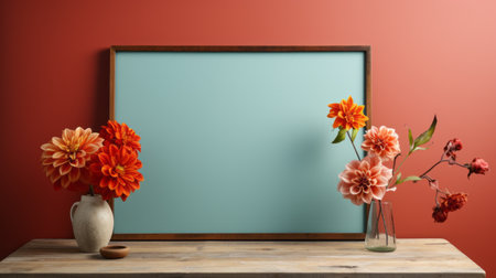 flower arrangement on a white table and a blue frame, featuring a dark sky-blue and dark orange color scheme. this uhd image, rendered in cinema4d, showcases a captivating combination of dark aquamarine and crimson hues. the bright backgrounds beautifully complement the american mid-century design, while the vignetting adds a touch of artistic flair. ai generatedの素材