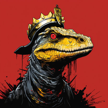 a dinosaur wearing a crown is depicted in this hyper-detailed, steelpunk-inspired portrait. the dark black and yellow color scheme, along with the splattered and dripped effects, adds a touch of edginess to the artwork. set against a vibrant red background, this poster art showcases the dinosaur's regal presence. with its 8k resolution and trace monotone style, this piece is visually captivating. ai generatedの素材