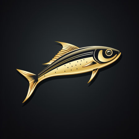 a gold fish symbol is depicted on a sleek black background in the style of detailed character illustrations by wlad safronow. this solapunk-inspired artwork showcases hyper-realistic animal illustrations with a precisionist touch. the gold fish symbol is rendered in light brown and silver, adding a stylized and eye-catching element to the composition. ai generatedの素材