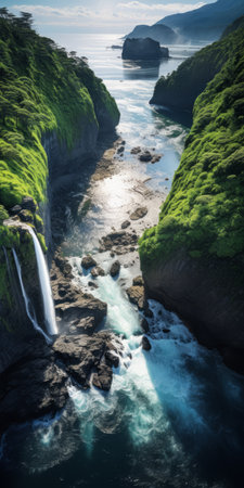 a stunning aerial view of a waterfall nestled amidst lush forests, reminiscent of the enigmatic seascapes depicted in edogawa ranpo's works. the image captures a mesmerizing play of light and shadow, showcasing the artistic touch of chad knight. this ultra-high-definition image, created using terragen, immerses viewers in the captivating beauty of nature. ai generatedの素材