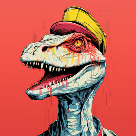 this tee shirt features a dinosaur wallpaper design by tsmt3, inspired by the artistic styles of butcher billy, mike dargas, and emiliano ponzi. the illustration showcases hyperrealistic and detailed character illustrations, including life-like avian creatures. the color palette consists of light crimson and yellow tones. ai generatedの素材