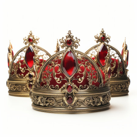 three archduchess crowns, reminiscent of golden age illustrations, stand out against a white background. created by adonna khare, these crowns feature a striking combination of red and gold. with precise and sharp details, the organic sculpting of these crowns strikes a balance between realism and stylization, showcasing a unique blend of american iconography. ai generatedの素材