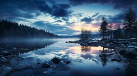 an evening sky with trees and rocks near the water, capturing the essence of norwegian nature. the photo showcases mirrored realms, a misty atmosphere, and a color palette of dark purple and light blue. taken with a canon eos 5d mark iv, this matte photo beautifully portrays romantic riverscapes. ai generatedの素材