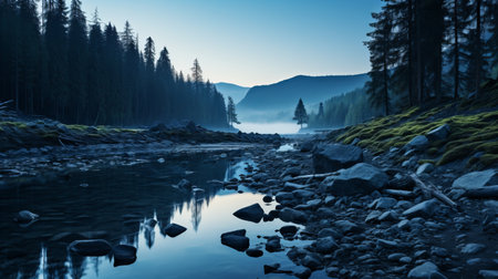 the pallas-yllastunturi national park is bathed in the enchanting hues of the blue hour, creating a mesmerizing and ethereal atmosphere. this minimalist and transparent photograph, captured with a canon 5d, showcases the park's natural beauty in stunning 16k hd quality. ai generatedの素材