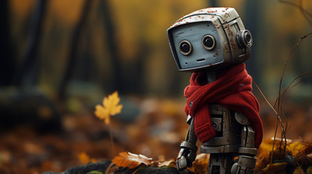 a small robot, reminiscent of social media portraiture, stands amidst a picturesque woodland scene adorned with vibrant leaves. this captivating image, captured by bill gekas using a konica auto s3 camera, showcases a harmonious blend of gray and crimson tones. the photograph, shared on flickr, exudes a language-based aesthetic inspired by the renowned artist raymond briggs. ai generatedの素材