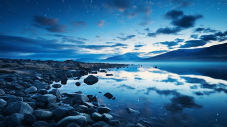 mountains at dusk, resembling romantic moonlit seascapes, with stunning reflex reflections. this captivating photograph by erik johansson showcases a mesmerizing blend of light sky-blue and dark silver hues. the coastal scenery evokes a sense of tranquility, reminiscent of the works of elihu vedder. the shallow depth of field adds depth and enhances the overall allure of the image. ai generatedの素材