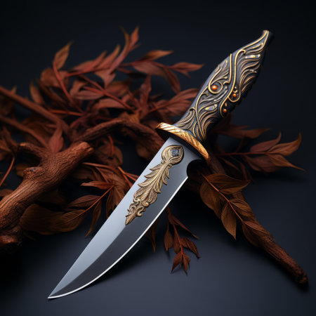a knife adorned with leaves rests on a sleek black surface, showcasing intricate details reminiscent of fantasy art. the combination of light gray and bronze hues adds a touch of elegance to the composition. this dynamic outdoor shot captures the essence of the artwork by oleksandr bogomazov and shilin huang. the knife's design also draws inspiration from the opulence of the kushan empire, featuring elementsの素材