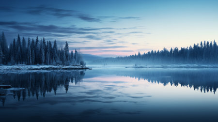 a stunning 8k resolution photograph captures the serene beauty of a solitary pond surrounded by trees, set against a landscape of snow and a flowing river. the image showcases the mesmerizing combination of dark sky-blue and light aquamarine hues, creating a captivating visual experience. this norwegian nature scene, with its soft gradients and mirrored reflections, evokes a misty atmosphere that transports viewers into a tranquilの素材