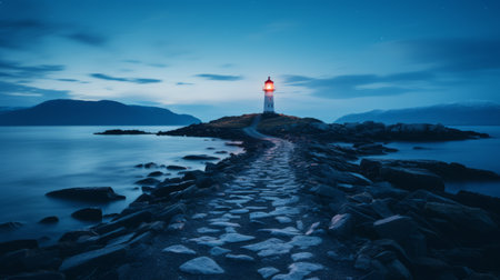 the photo captures the breathtaking beauty of nordkapp as the blue hour envelops the natural landscape. the minimalist composition and transparent hues create a magical wonderland. shot with a canon 5d, this high-quality, 16k hd image showcases the stunning transformation of the scenery. ai generatedの素材