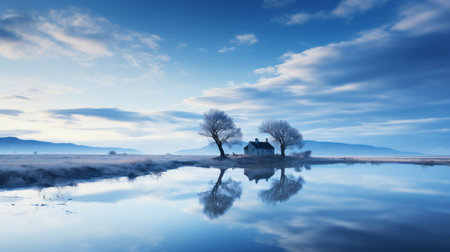 a stunning landscape photo captures the serene beauty of a lake at sunrise, with a mesmerizing water reflection. the image showcases a polar bear in its natural habitat, surrounded by ethereal trees and the cold, detached atmosphere of scottish landscapes. the haunting houses in the background add a touch of mystery to this poetic pastoral scene, reminiscent of national geographic's captivating photography. ai generatedの素材
