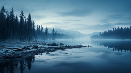 the photo showcases the breathtaking beauty of kittila as the blue hour envelops the natural landscape. with a minimalist composition, the image captures the transparent and ethereal atmosphere of this magical wonderland. shot with a canon 5d, the high-quality, 16k hd resolution brings out the stunning details of this mesmerizing scene. ai generatedの素材