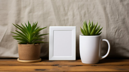 bottle green plant and mug on a wooden table, captured in the style of posuka demizu. this photo showcases the art of collecting and modes of display, with a touch of cryptopunk aesthetic. the careful framing highlights visual puns and textual elements, while the use of kodak ektar film adds a vibrant touch to the composition. ai generatedの素材
