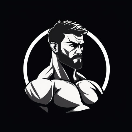 the physique athlete vd is depicted in this monochrome portrait poster. the fantasy illustration showcases a strong facial expression, with accurate and detailed features. the tondo format adds a unique touch to the artwork, while the contrasting dark white and light black tones create a captivating visual effect. ai generatedの素材