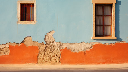 a blue building with orange and black paint, showcasing the delicate washes of mexican muralism. the matte photo captures the raw vulnerability of the structure, adorned with light turquoise and beige accents. spot metering highlights the play of light and shadow, while the combination of light azure and red adds a vibrant touch to the composition. ai generatedの素材