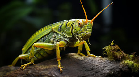 a green insect perched on a rock, captured in a unique style reminiscent of celebrity portraits with personality. the image showcases ray tracing technology, with a color palette featuring light yellow and light orange hues. the insect is adorned in intricate costumes, while the overall composition draws inspiration from precisionism art movement. this captivating photo beautifully depicts the connection between animals and the world ofの素材