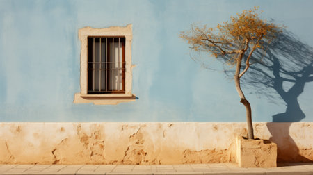 blue wall with a touch of spanish enlightenment, featuring a muted whimsy and a matte background. the style of the tokina at-x 11-16mm f/2.8 pro dx ii lens captures the light amber and sky-blue tones perfectly. this photo showcases a blend of constructivist roots and a windows vista-like aesthetic. ai generatedの素材