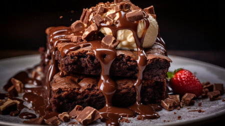 a plate adorned with a delectable arrangement of melted brownies, ice cream, and strawberries. this visually captivating image showcases expressive textural quality and a multilayered composition. the intense emotional atmosphere is enhanced by strong diagonals and luxurious textures. the wet-on-wet blending technique adds depth and richness to the image. the high resolution of 8k ensures every detail is captured with stunning clarity. ai generatedの素材
