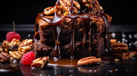 plate of brownies with raspberry sauce, almonds, and nuts on a black background. this stock photo showcases a messy, brown dessert with a melting, layered complexity. the image captures the voluminous mass of the brownies, complemented by the luxurious fabrics of the raspberry sauce and crunchy almonds. ai generatedの素材