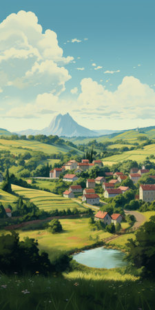 a charming and idyllic rural scene captured in the style of genndy tartakovsky, featuring a sky adorned with fluffy clouds. this picturesque image evokes the essence of villagecore, reminiscent of the florentine renaissance and the viennese secession art movements. the artwork by phil noto and andreas rocha beautifully merges these influences into a captivating visual composition. ai generatedの素材