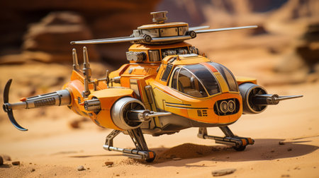 a dynamic outdoor shot of a meticulously crafted model depicting the war raging in the star wars ch47 saga and star trek 2 game. the light orange and gold tones add a captivating touch to this photorealistic still life. this stunning image showcases the intricate details inspired by hopi art, captured using the sony alpha a7 iii camera. the chrome-plated finish adds a sleek andの素材