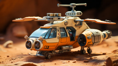 a toy helicopter rests on a vibrant red dusty surface, showcasing a hyper-realistic sci-fi aesthetic. the light orange and white colors enhance the multi-layered narrative scenes depicted. the precisionist lines and realistic lifelike figures add depth to the composition. this captivating image also includes iconic pop culture references and rough clusters, creating a visually striking and engaging visual experience. ai generatedの素材